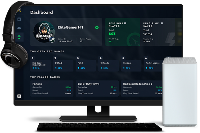 Elite Gamer game dashboard with headset and data chart and connection data on screen with Panoramic Wifi equipment
